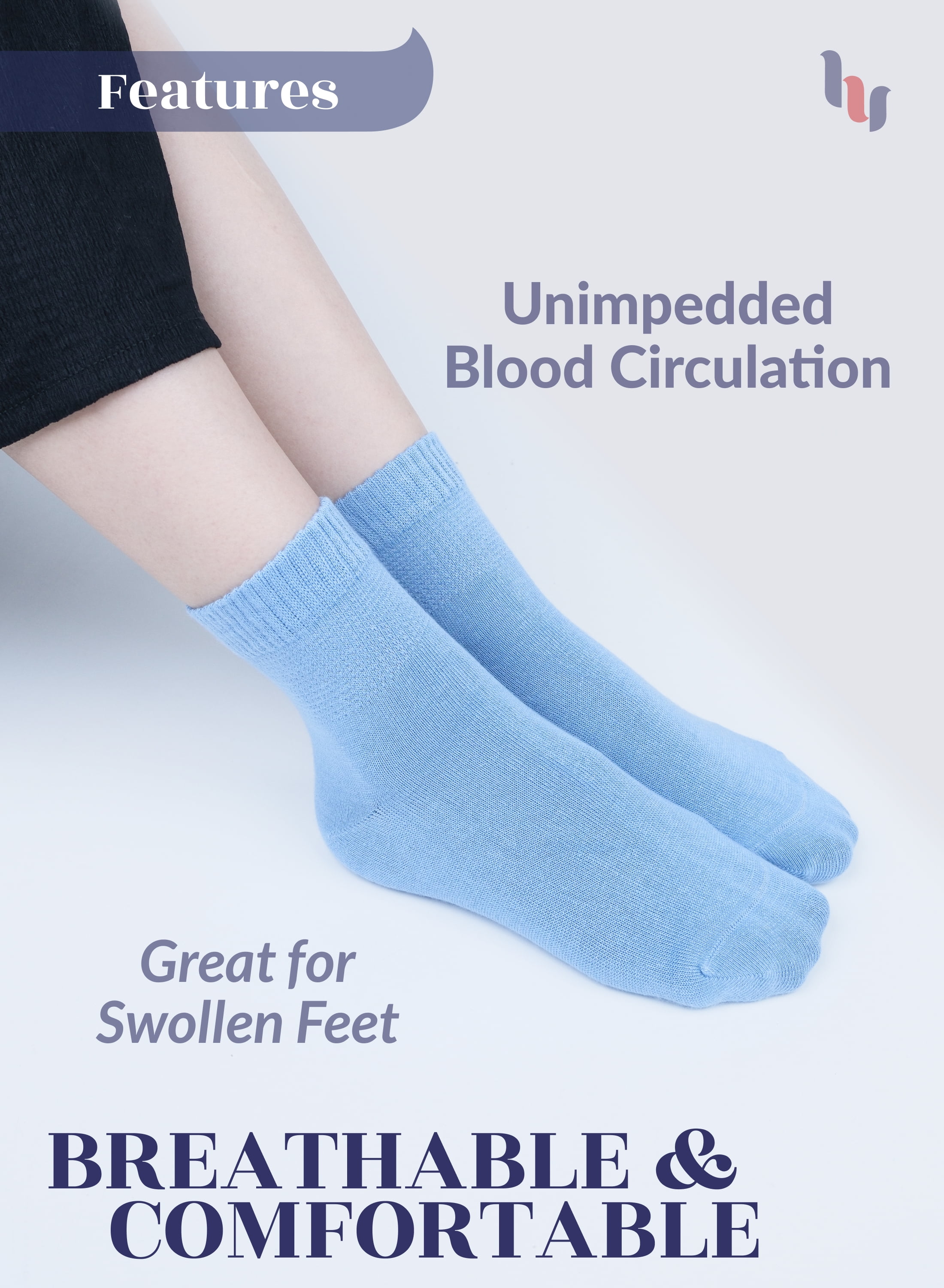 HUGH UGOLI Women Diabetic Ankle Socks, Super Soft & Thin Bamboo Socks, Wide & Loose, Non-Binding Top & Seamless Toe, 4 Pairs, Blue, Shoe Size: 10-12