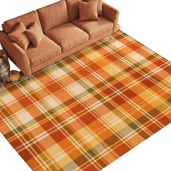 Orange Red Checkered Washable Area Rug 5 x 7 ft Country Vintage Farmhouse Classic Plaid Grid Soft Non‑Slip Rugs Stain Repellent Indoor Mats for Living‑Room, Formal Dining Room, Recreation Room