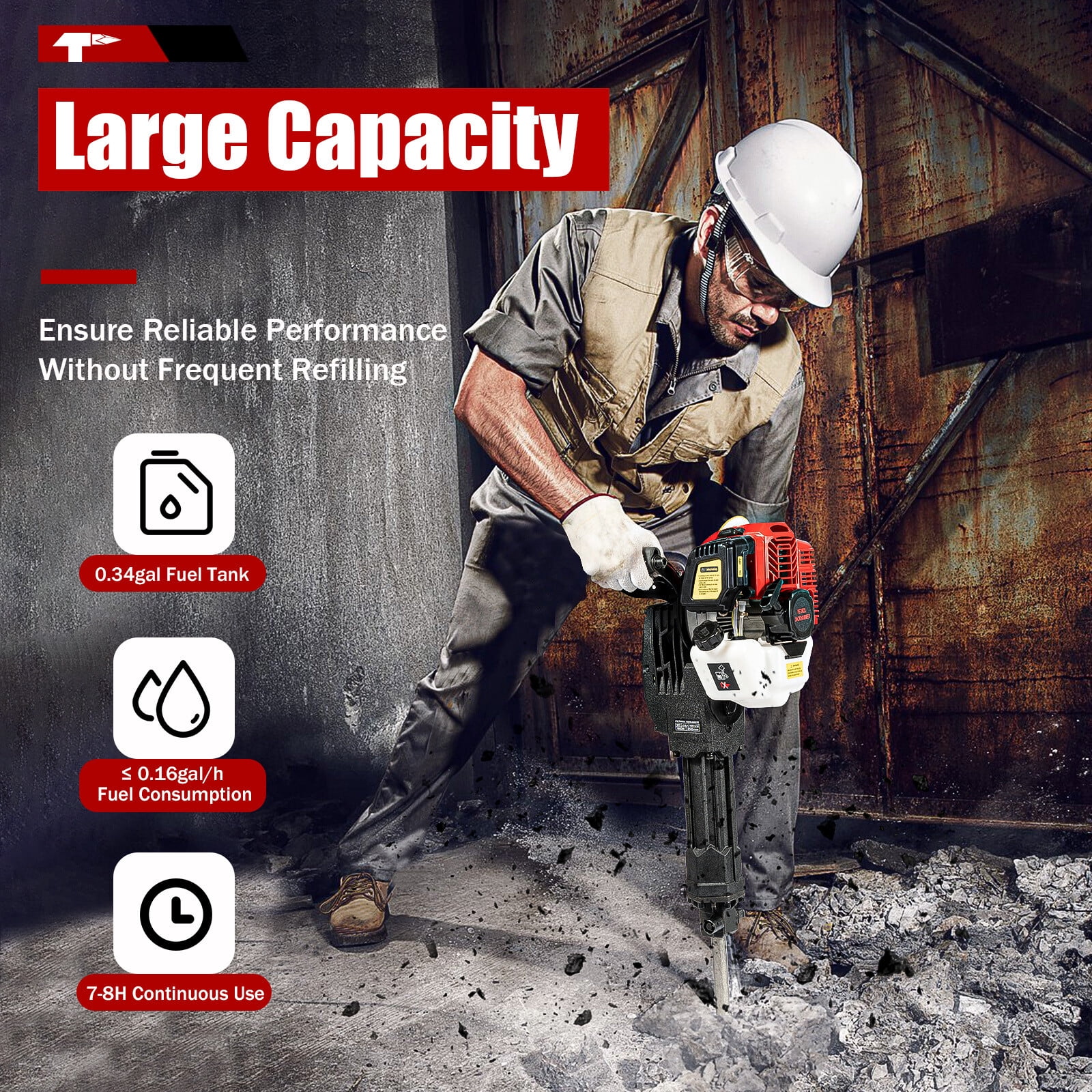 2-Stroke Gas Powered Demolition Jack Hammer,1900W 52CC,w/Point&Flat Chisels,70dB Low Noise,for Concrete Demolition&Rock Breaking,43.3lbs Net Weight
