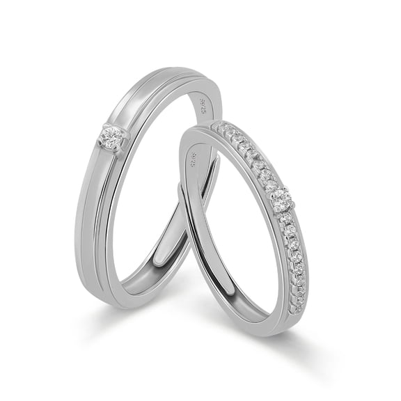 Meissa 925 Sterling Silver Couple Ring Set – Polished Bands with CZ Details, His and Hers Jewelry