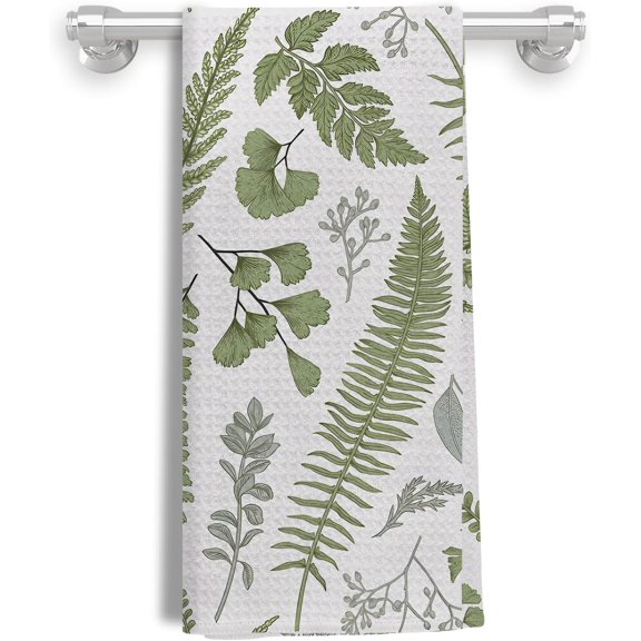 2Pcs Vintage Botanical Kitchen Towels, Dark Green Fern Leaf Herbs Dish Towels, Olive Hand Towels for Bathroom, Kitchen Decor, 16x24 Inches
