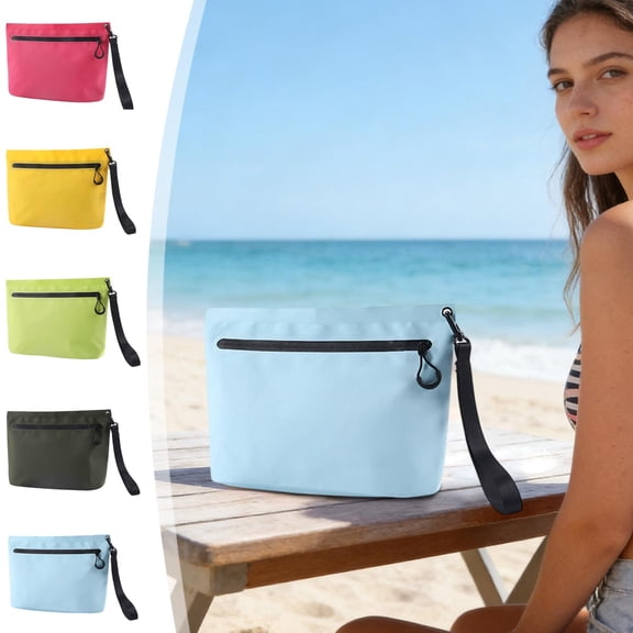 Dmlowu Waterproof Bag with Zipper & Handle, Lightweight Portable Beach Bag for Women, PVC Zipper Pouch for Sunscreen Phone Toiletry Cosmetic