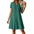 thumbnail image 3 of Laqbezok Women's V-Neck Short Sleeve Dress, Casual Cotton Linen Feel A-Line Sundress, Textured Solid Color Shift Dress with Back Zipper, 3 of 9