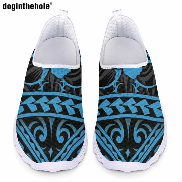Doginthehole - Zapatos planos informales con estampado polinesio para mujer, zapatillas de deporte de malla transpirables y cómodas, zapatos de enfermería ligeros
