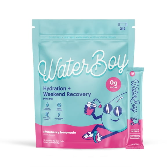 Waterboy Weekend Recovery, Strawberry Lemonade - 3,187mg Sugar-Free Electrolyte Powder Packets, 12-Pack
