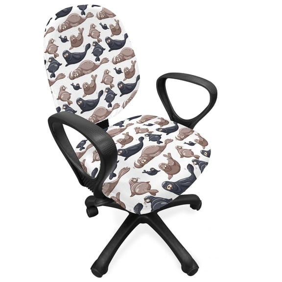 Sea Animals Office Chair Slipcover, Seals Illustration Sea Lion Exotic Tropical Comic Graphic Wild Ocean, Protective Stretch Decorative Fabric Cover, Standard Size, Cadet Blue Mauve, by Ambesonne