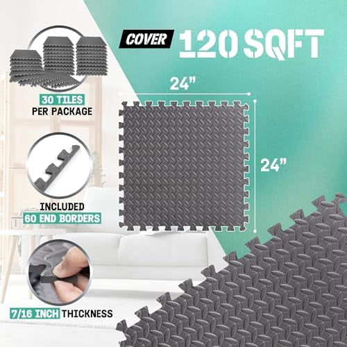 24SQFT-120SQFT Puzzle Exercise Mat for Home Gym, EVA Interlocking Foam Floor Tiles with Border for Workout Equipment Grey,D. 7/16" Thick, 120SQFT