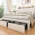 thumbnail image 3 of SIBEDS King Upholstered LED Bed Frame with Storage Drawers & Wingback Headboard, Cream Linen Finish, RGB Lights, 1200 lbs, No Box Spring, 3 of 9