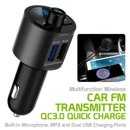 Multi-functional Wireless FM Transmitter for Cars, Hands-Free Kit with Built-in Microphone, MP3 and Dual USB Charging Ports (Quick Charge
