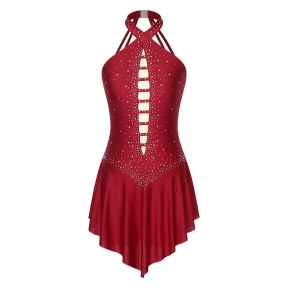 Yruioon Womens Figure Skating Dress Flower Mesh Ice Skating Dress Ballet Dance Leotard Competition Burgundy XL