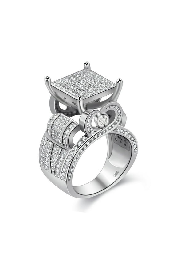 Charm Huge Square Platinum Plated White Cubic Zirconia CZ Promise Rings for Her, Wide Wedding Engagement Band Rings for Women Gift (Size 5) RA0221