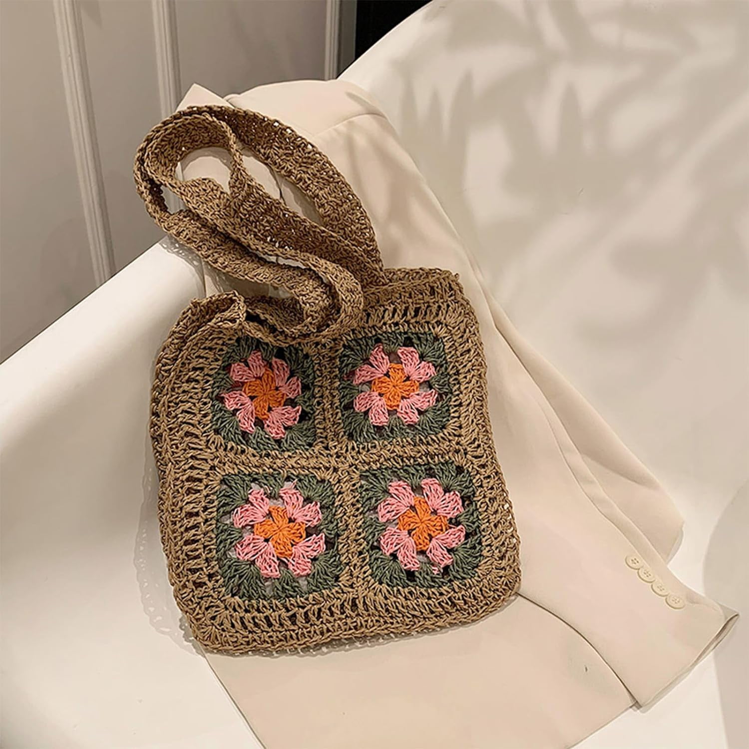 Kukuzhu Crochet Beach Bag, Summer Cute Straw Tote Bags Woven Beach Bag Knit Bags for Women Crochet Purse