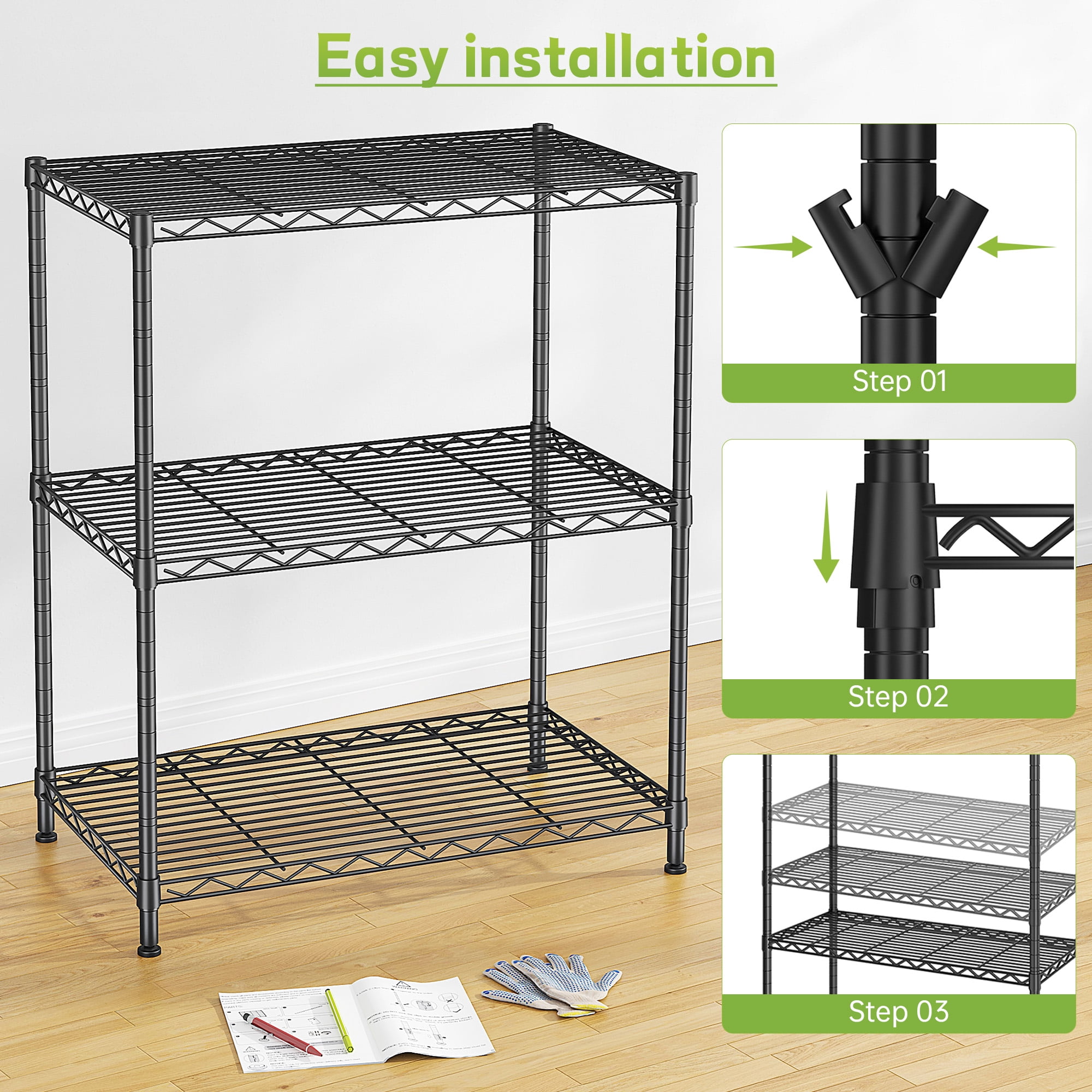 REIBII 3 Tier Wire Shelving Unit,24"W Adjustable Metal Storage Shelves,Heavy Duty Pantry Shelves for Kitchen,Laundry,Bathroom Storage Rack,Black