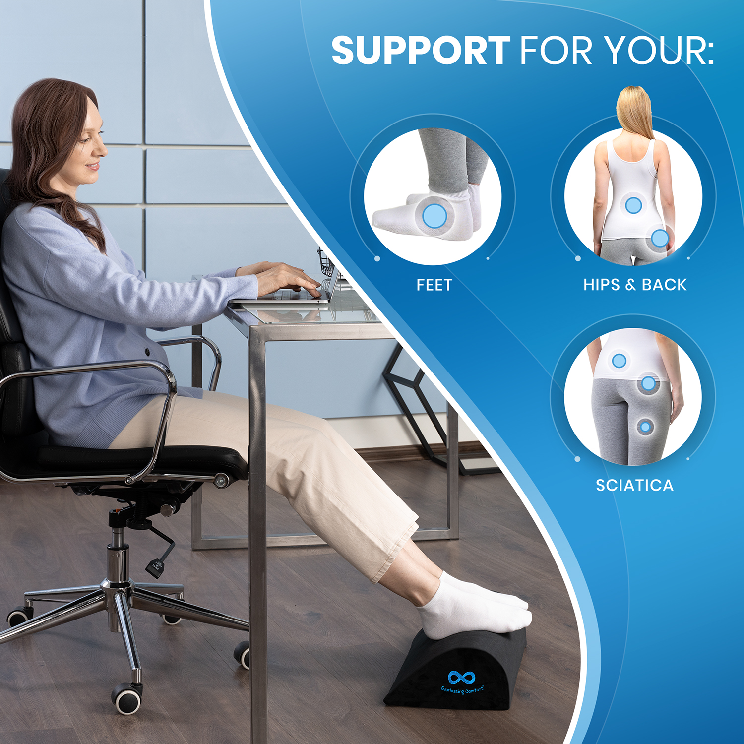 Everlasting Comfort Office Foot Rest for Under Desk, Footrest Leg Cushion Accessories, Ergonomic Cooling Gel Memory Foam Foot Stool Pillow for Work, Gaming, Computer, Office Cubicle and Home (Black) - image 3 of 7