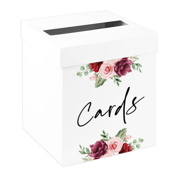 Koyal Wholesale Sturdy White Wedding Day Card Box Burgundy Pink Florals Wedding Gift Boxes for Cards 10x10x10 Inches