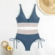 thumbnail image 5 of Trajes de baño Amzcrzy Tankini para mujer, bikini de control de abdomen, bikini de mujer de cintura alta, traje de baño dividido de color con cordón, traje de baño abdominal fruncido azul marino, L, 5 of 9