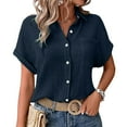 thumbnail image 6 of vigerkar Casual V Neck Button Down Shirts for Women Solid Short Sleeve Blouse Tops Summer Outfits Dark Blue, XXL, 6 of 9