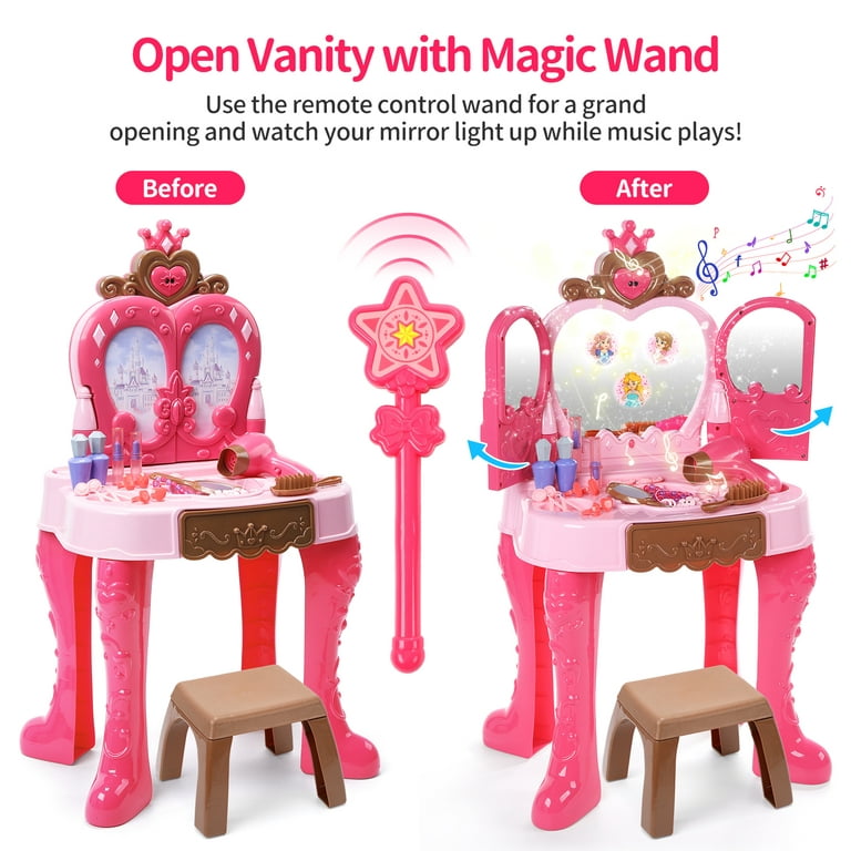 Kids Vanity Table Toys for 2 3 4 5 Year Old Girls Vanity, Toddler Vanity  Set for Little Girl with Sound Light Induction & Beauty Accessories Makeup