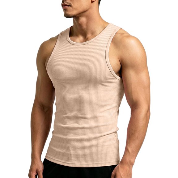 Men's Solid Color Ribbed Sleeveless Athletic Workout Tank Top Khaki M