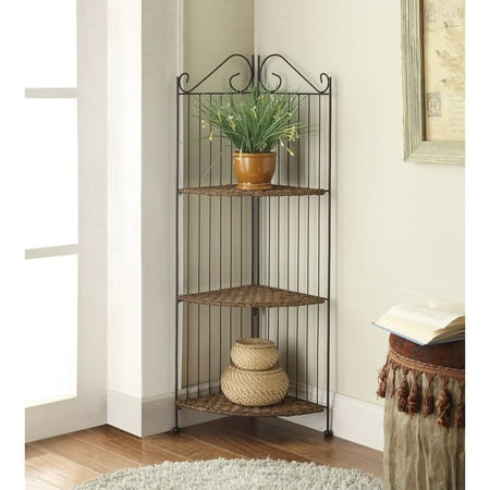 Folding Corner Shelf 4D Concepts Farmington 3 Tier Folding Corner Maize Weave/Black Iron Shelf Corner Bookcase ()