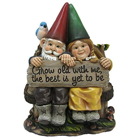 Ebros Gift Whimsical Mr & Mrs Gnome Sitting On Rustic Chair with Blue Bird Statue Grow Old with Me Guest Greeter Patio