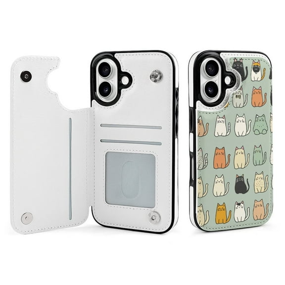 Compatible with iPhone 11 12 13 mini 14 15 16 Pro Max Plus Wallet Case with Card Holder, PU Leather Kickstand Card Slots Case ( Cute Cat Sketch, iPhone 16)