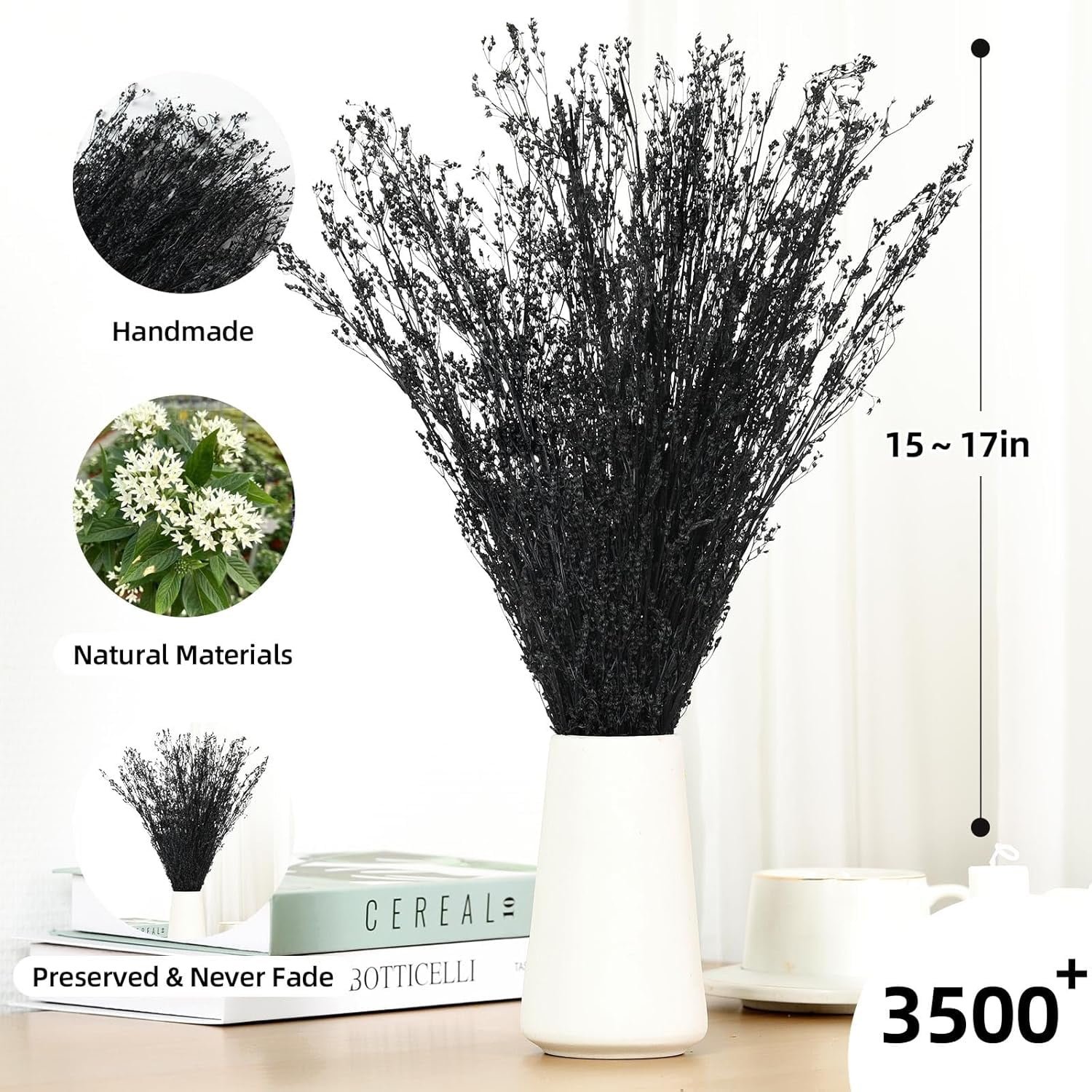 Dried Flowers Babys Breath Bouquet, – 17 Inch 3500+ Preserved Natural Flowers, Dried Floral Arrangements for Wedding Decor, Farmhouse Vase Crafts, DIY Wreath, Home Party Decoration, Black