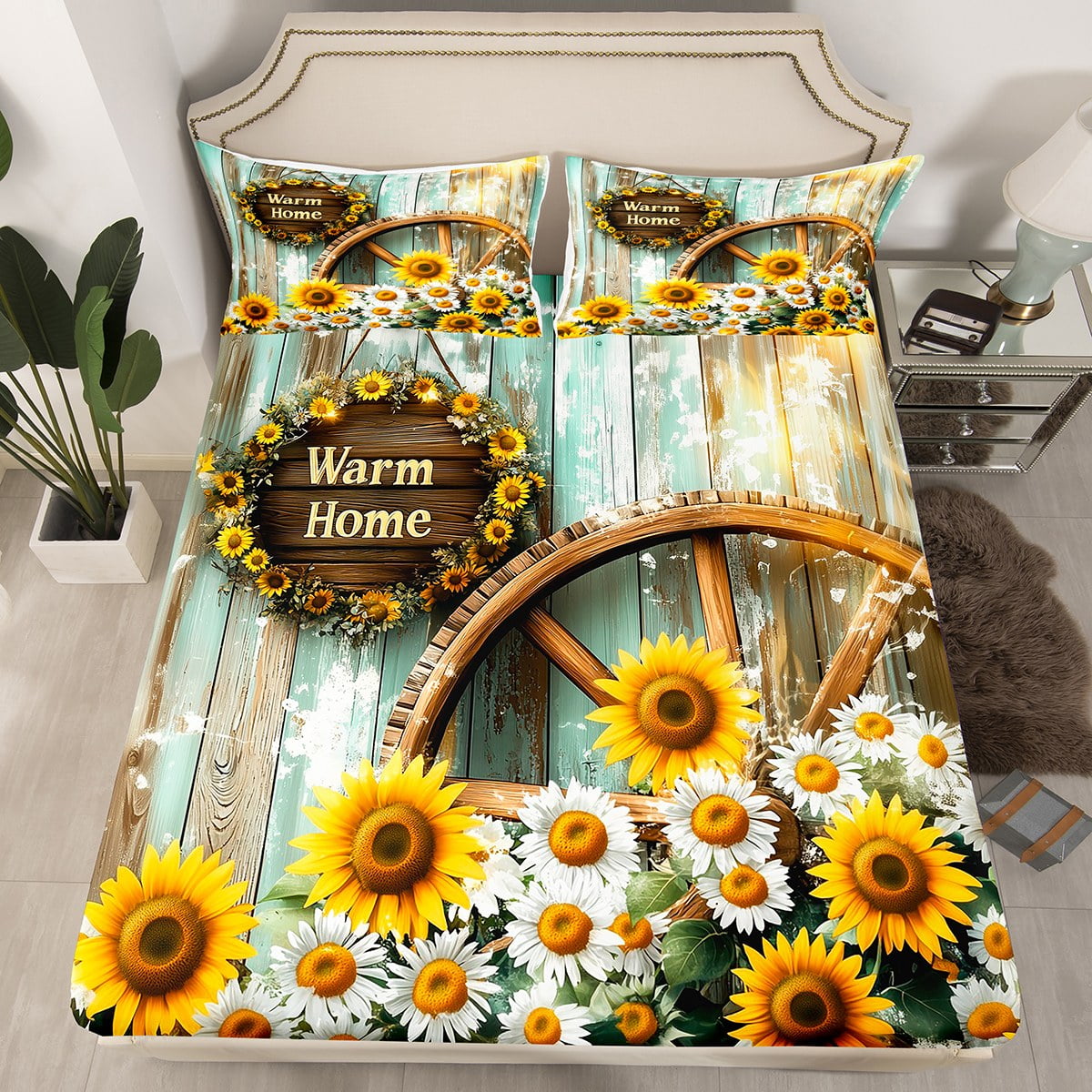 Homewish Rustic Warm Home Full Size Sheets for Kids, Sunflower Groovy Floral Bed Sheets, Vibrant Plant Botanical Sheet Sets, Ultra Soft Bedroom Decor, 4-Piece