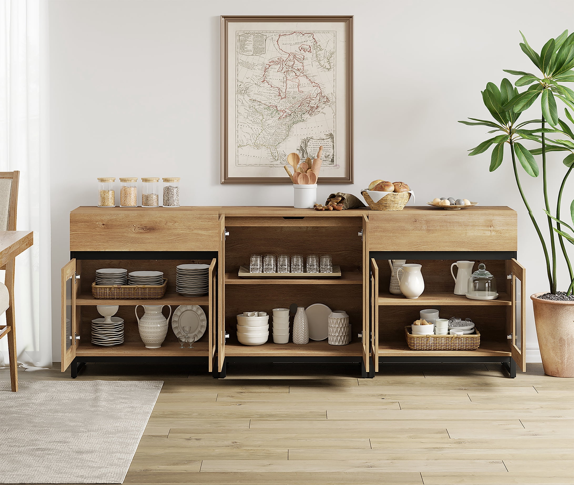 WAMPAT Storage Cabinet with Glass Doors, 3 in 1 Modern Sideboard with Adjustable Shelves and 2 Drawers, Coffee Bar Cabinet for Living Room, Kitchen, Oak