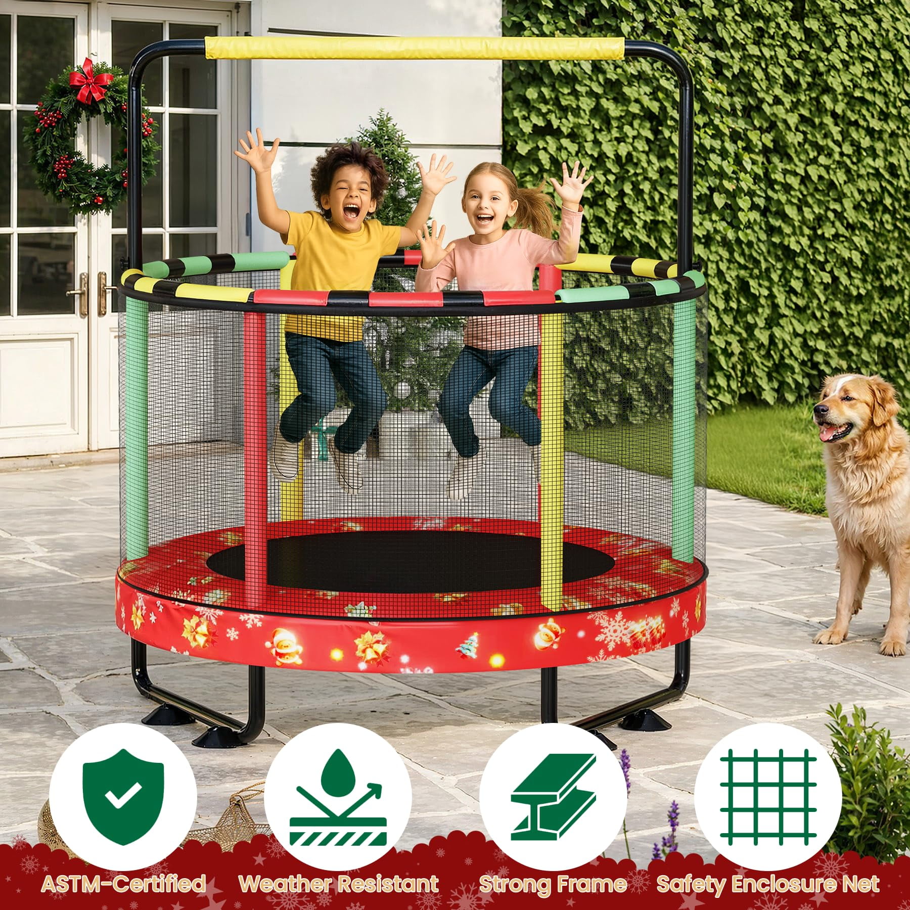LinkRomat Round Trampoline for Kids, Indoor & Outdoor Toddler Trampoline with Enclosure, Adjustable Height Handrail & Durable Designs for Boys & Girls, 450lbs Capacity, 7-in-1, 55"
