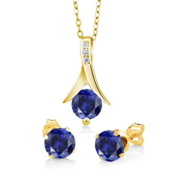 Gem Stone King 2.40 Ct Round Simulated Sapphire 18K Yellow Gold Plated Silver Pendant and Earrings Jewelry Set 18 inches Chain
