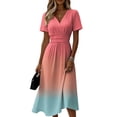thumbnail image 2 of Minjewel Women's Gradient V-Neck Short Sleeve Ombre Shift Mini Dress - Summer Casual Beach Outfit, Loose Flowy Party Dress, Comfy Vacation Top,Watermelon Red,L, 2 of 6