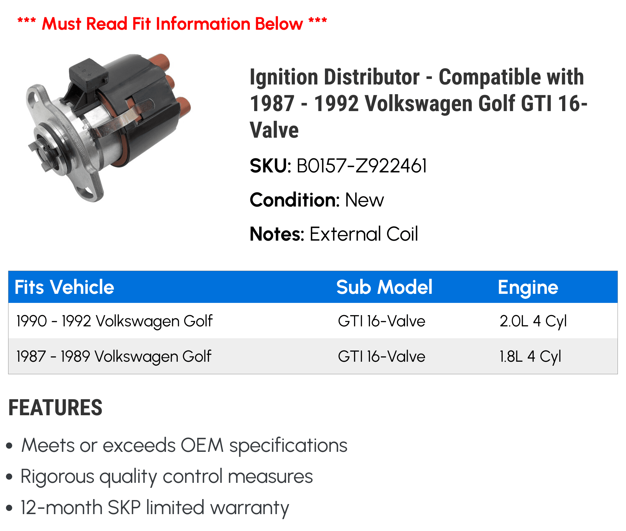 Ignition Distributor - Compatible with 1987 - 1992 Volkswagen Golf GTI 16-Valve 1988 1989 1990 1991