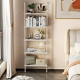 thumbnail image 3 of Ladder Shelf White Wooden Open Bookshelf 5-Tier Wall-Mounted Wood Rack Industrial Modern Plant Flower Stand Utility Organizer Bookcase Metal Frame Furniture Office Kitchen Bedroom, 3 of 9