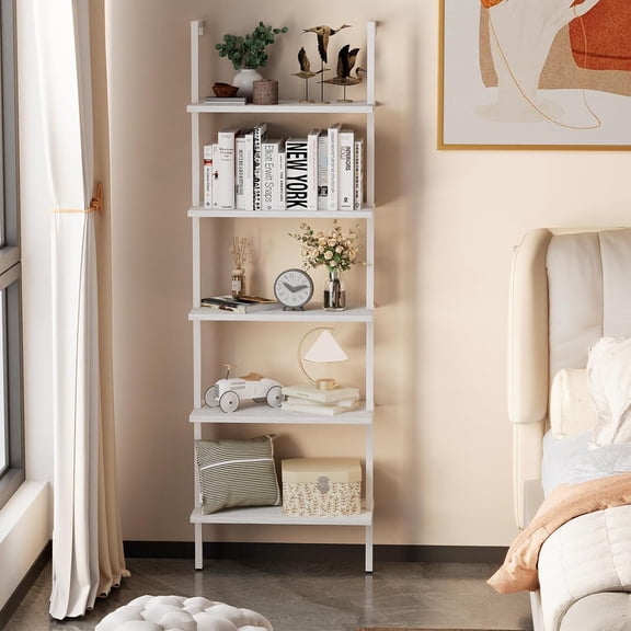Ladder Shelf White Wooden Bookshelf 5-Tier Wall-Mounted Open Wood Rack Industrial Modern Plant Flower Stand Utility Organizer Bookcase Metal Frame Furniture Office Kitchen Bedroom