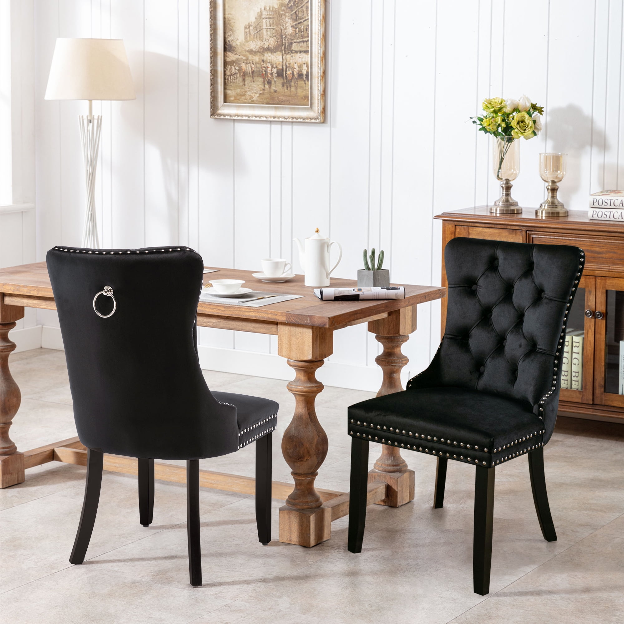 Resenkos Upholstered Tufted Dining Chairs Set of 2 with Nail Head Decor, Black Velvet Fabric Resenkos Upholstered Tufted Dining Chairs Set of 2 with Nail Head Decor, Black Velvet Fabric