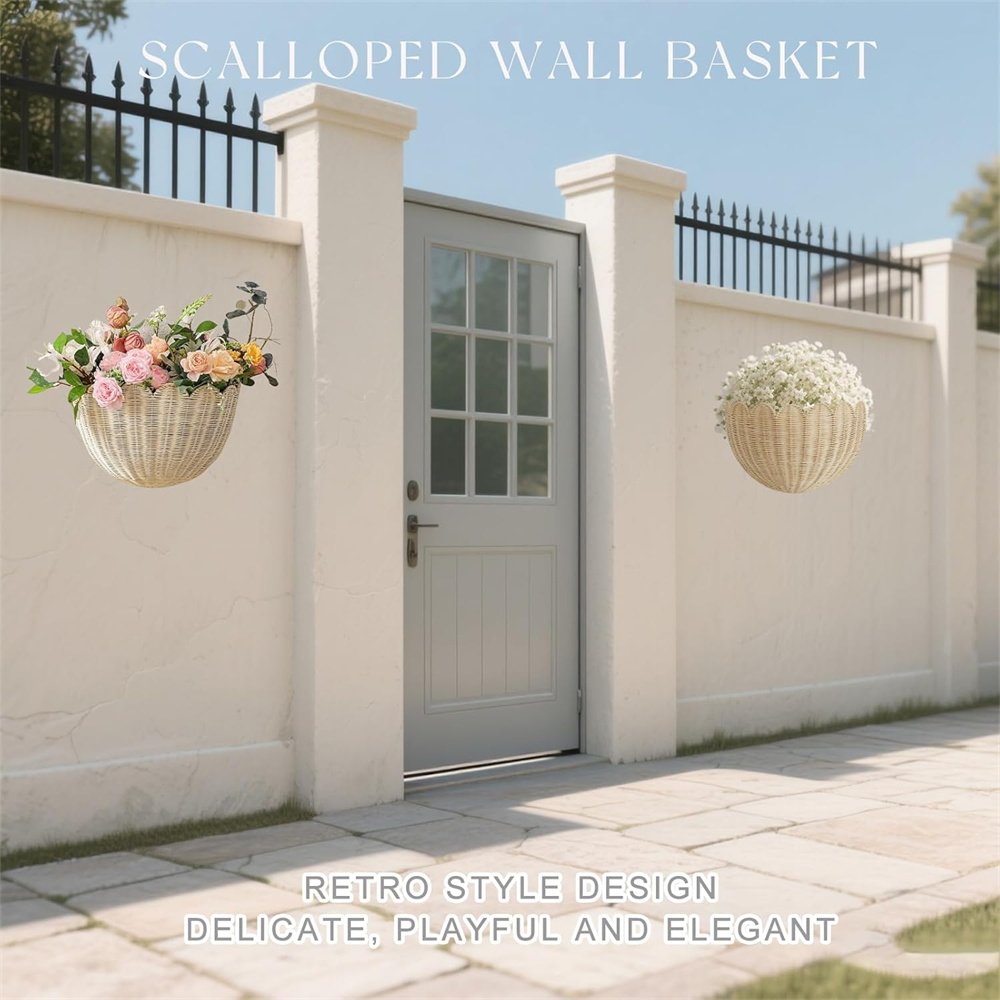 Triani 1Pcs Scalloped Wall Baskets Hand Woven Hanging Rattan Basket Hanging Woven Rattan Wall Basket Decorative Storage Organizer for Bathroom Front Door
