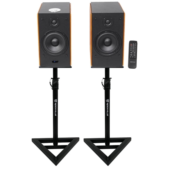 Rockville HD5 Bundle: 5 Inch Powered Bluetooth Bookshelf Speakers, RVSM1 Adjustable Stands, Home Audio Setup Setup, 2-items