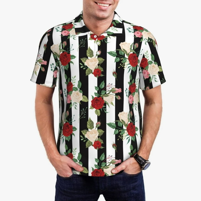 Balery Rose Flowers Camisa Polo de Hombre con Estampado, de Manga Corta y Tejido Medio, Camisa Tipo Golf Polo-X-Large
