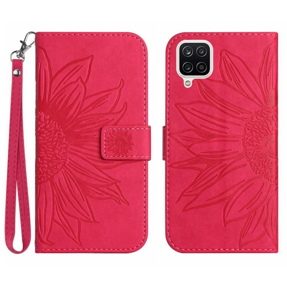 Mantto for Samsung Galaxy A12 5G Wallet Case with Wrist Strap,Stylish Sunflower Embossed PU Leather Shockproof Protective Magnetic Clasp Flip Kickstand Card Slots Phone Cover,Rose