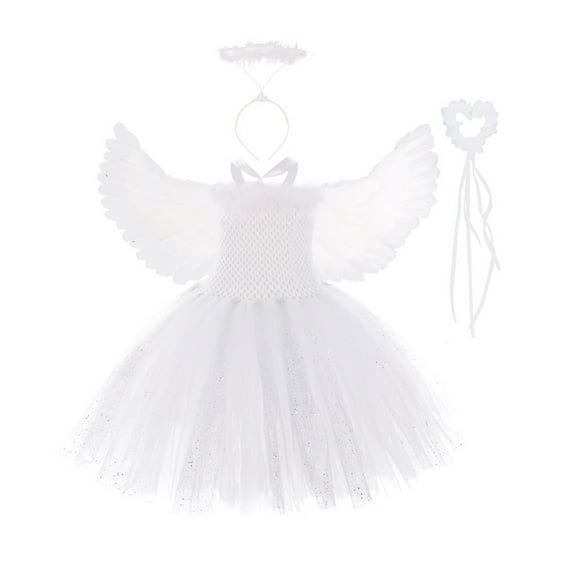 FAROOT Girls Angel Costume Deluxe Tutu Dress with Wings Wand Halo Headband Set Halloween