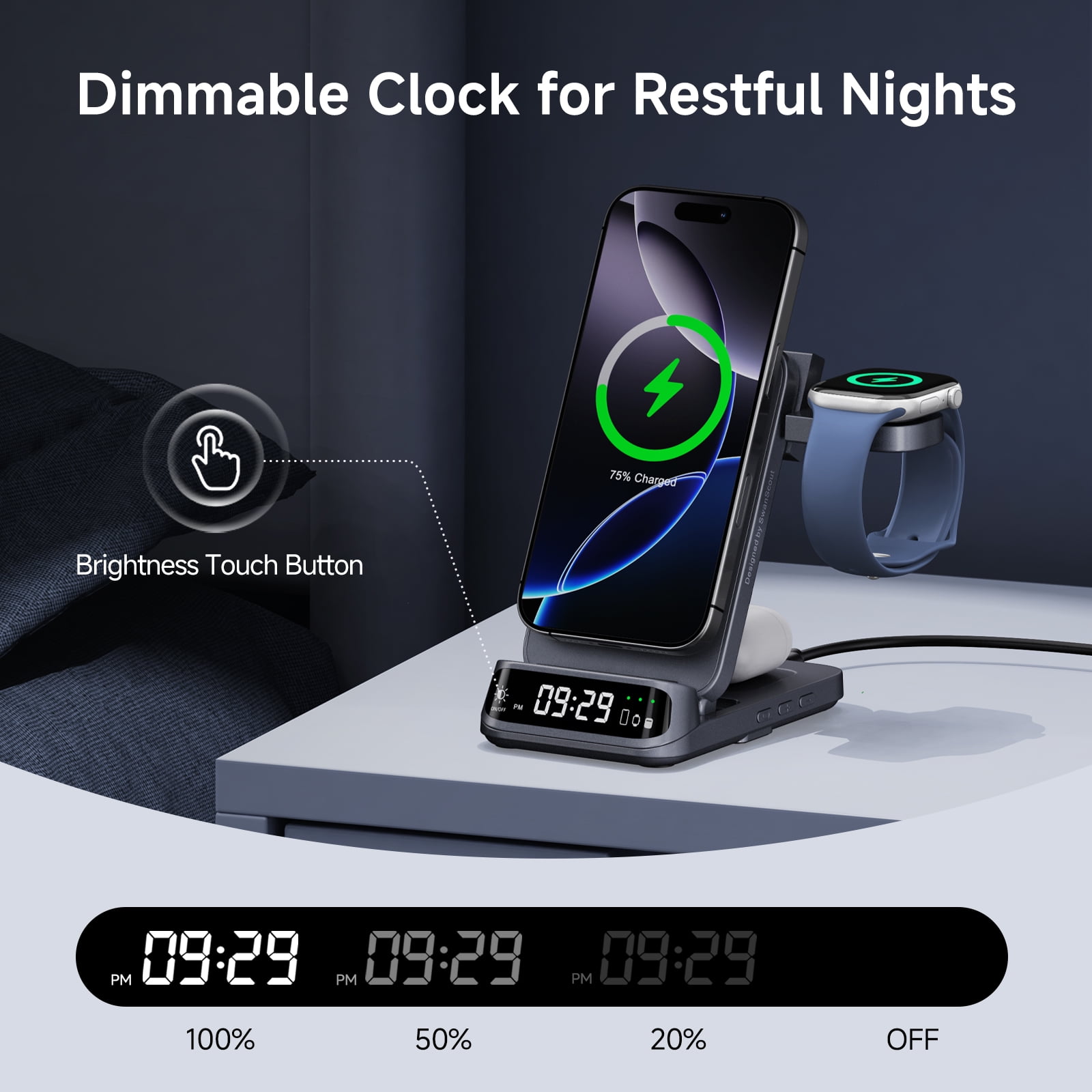 SwanScout 708M Wireless Charger for Apple, Mag-Safe Charger Station for iPhone 16/15/14/13/12, Apple Watch Ultra 2/10/9/8/7, AirPods Pro/4/3 (No Adapter)