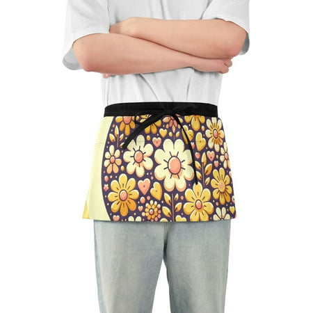 

Yellow Flowers on Yellow Waist Apron Adjustable Server Half Apron Kitchen Cooking with 3 Pockets for Men Women