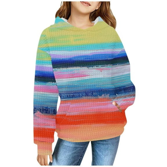 Sookity Rainbow Hoodie Sweatshirts for Girls Soft Long Sleeve Pullover Tops Stylish Striped Top Drawstring Sweatshirt with Pockets Blue,4 Years Girl Gifts