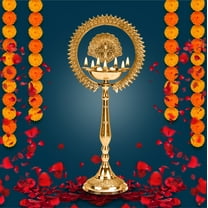 Indian Art Villa 14" Brass Stand Pillar Diya - Kerala Mor Kiran with 3 Deepak Design - Elegant Spiritual Decor