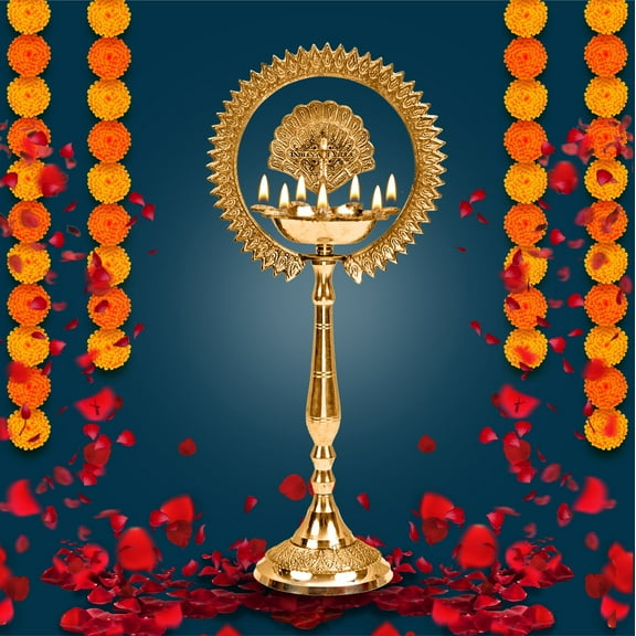 Indian Art Villa 14" Brass Stand Pillar Diya - Kerala Mor Kiran with 3 Deepak Design - Elegant Spiritual Decor