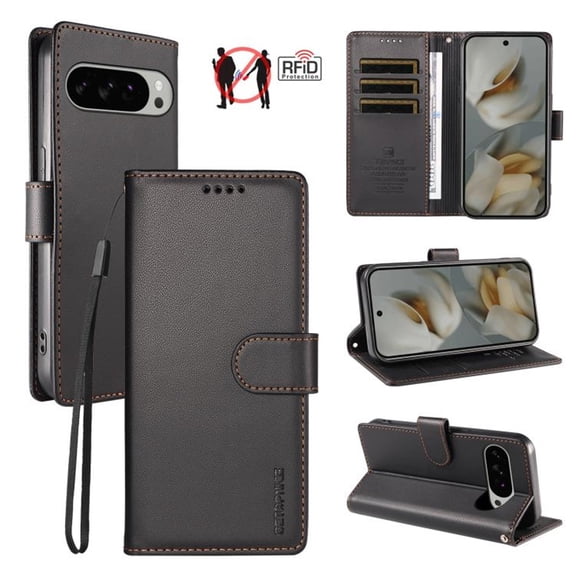 For Google Pixel 9 Pro XL / 10 Pro XL 6.8inch Phone Case Wallet, RFID Blocking Magnetic Buckle Flip Leather TPU Cover with Card Holder Wrist Strap Shockproof Phone Case,Black
