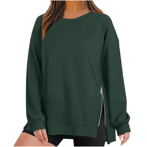 JGGSPWM Womens 2024 Fashion Sweatshirts Side Split Zipper Oversized Sweatshirt Basic Tops Long Sleeve Fall Casual Lightweight Pullovers Army Green M
