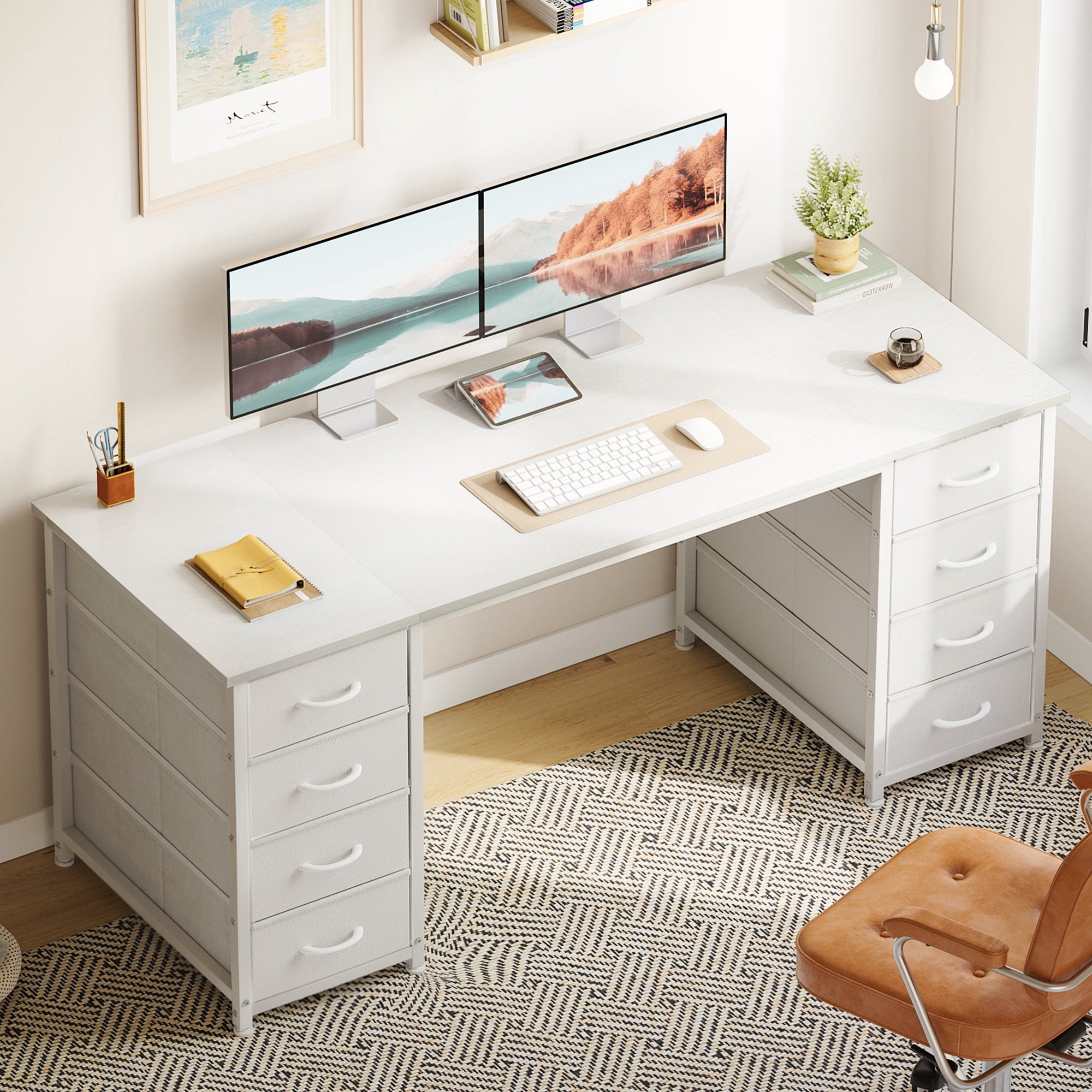 White Computer Desk with Drawers for Storage - 55 inch Home Office