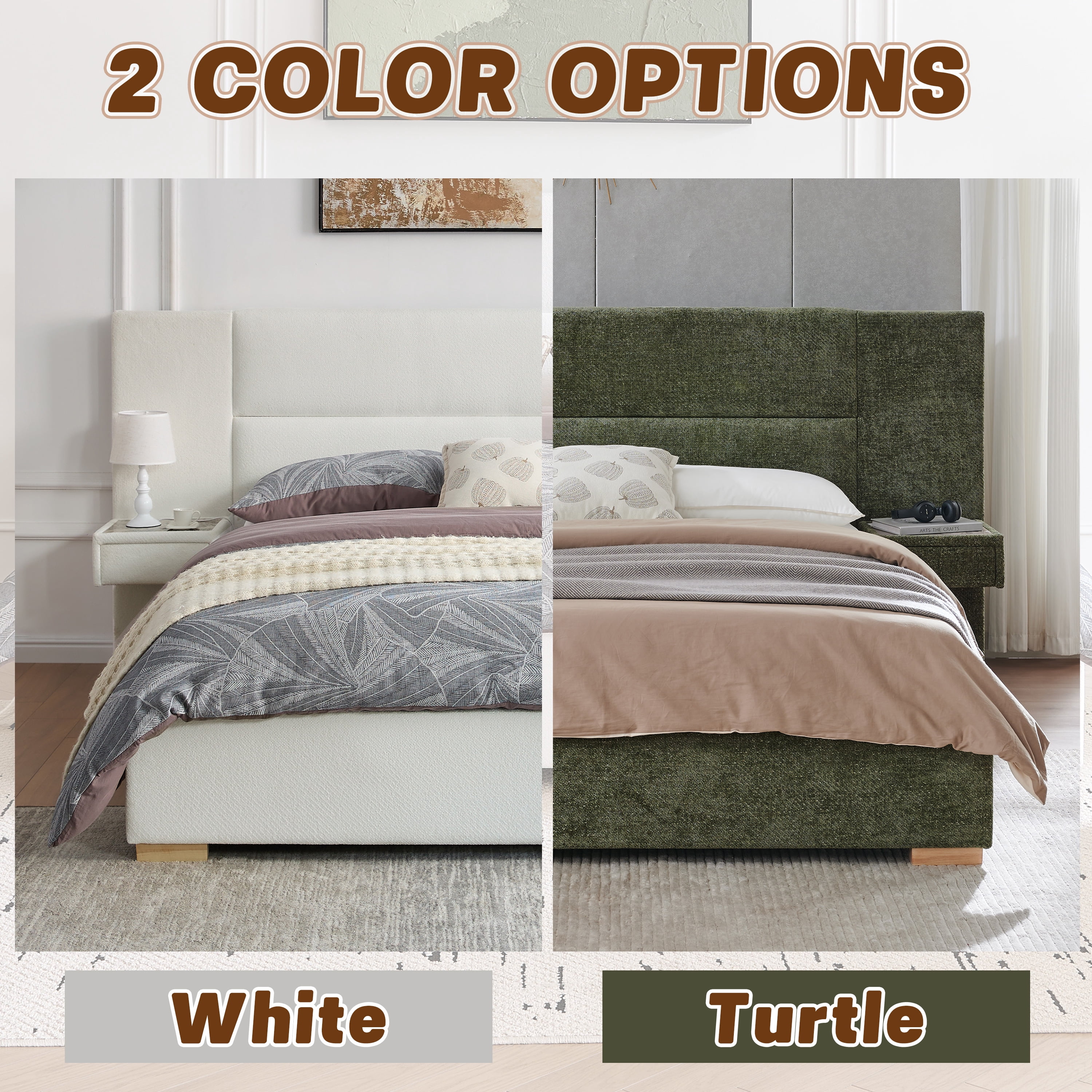 Queen Size Bed Frame Upholstered Platform Bed with Two Large Storage Drawers, Linen Fabric, Wooden Slat Support, Mattress Foundation, No Box Spring Needed, Noise-Free, Easy Assembly, Turtle